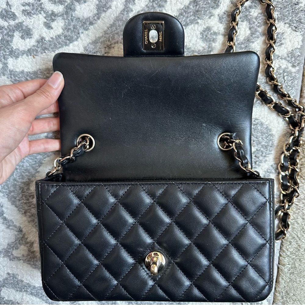 Chanel Black Lambskin Leather Mini Classic Rectangular Flap Light Gold Hardware - Picture 14 of 16